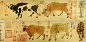 中国十大传世名画之五牛图，画出人格化的五头牛